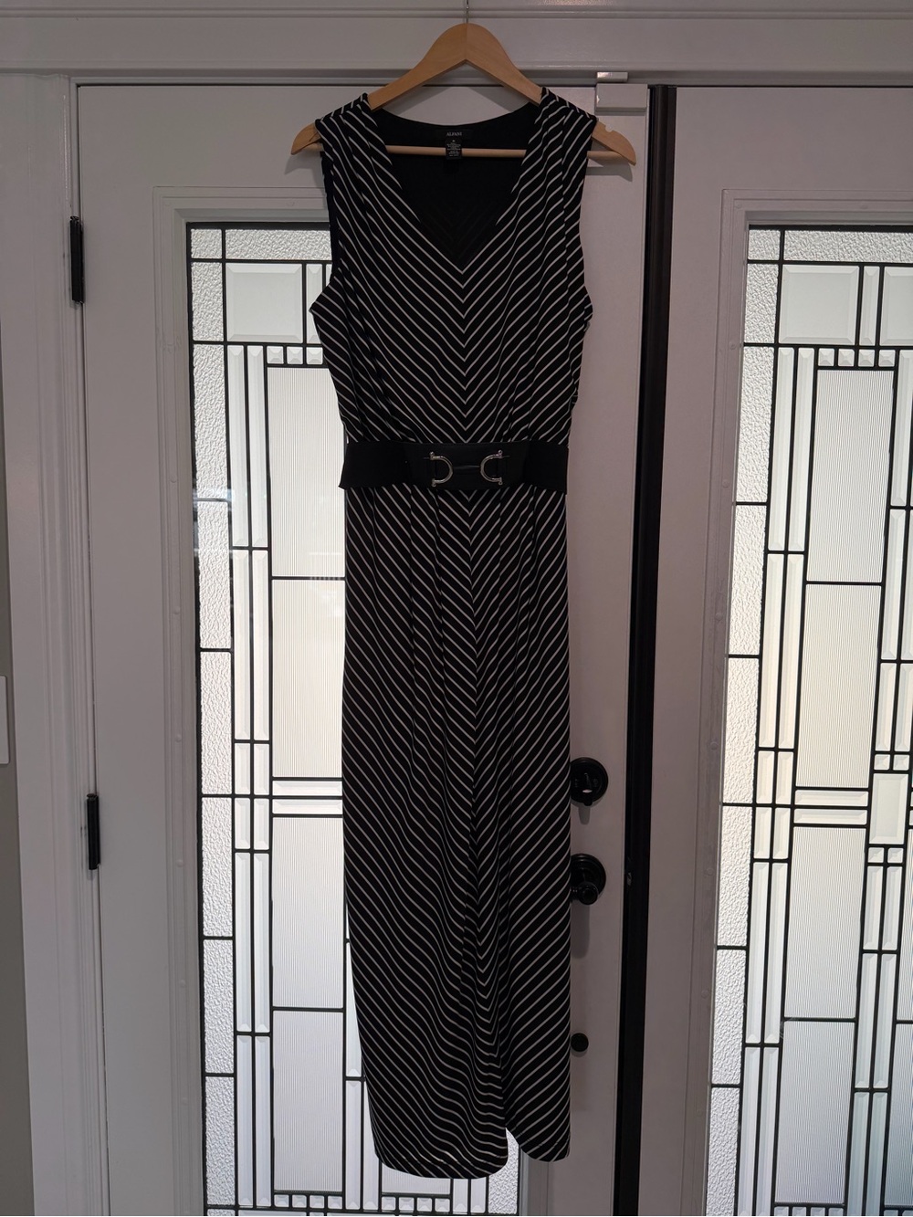 Alfani Black Maxi Dress with White Stripes and Waist Belt